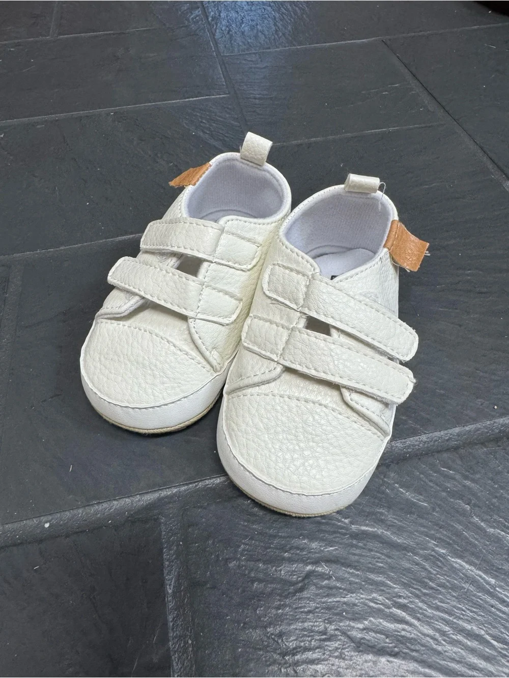 Amazon Cream Velcro Baby Sneakers with Tan Pull Tabs